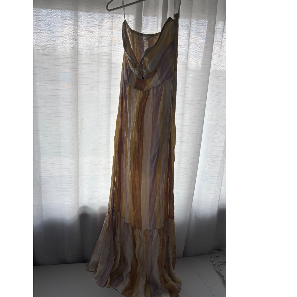 L*Space Anthropologie Women Yellow Purple Striped Smocked Strapless Maxi Dress